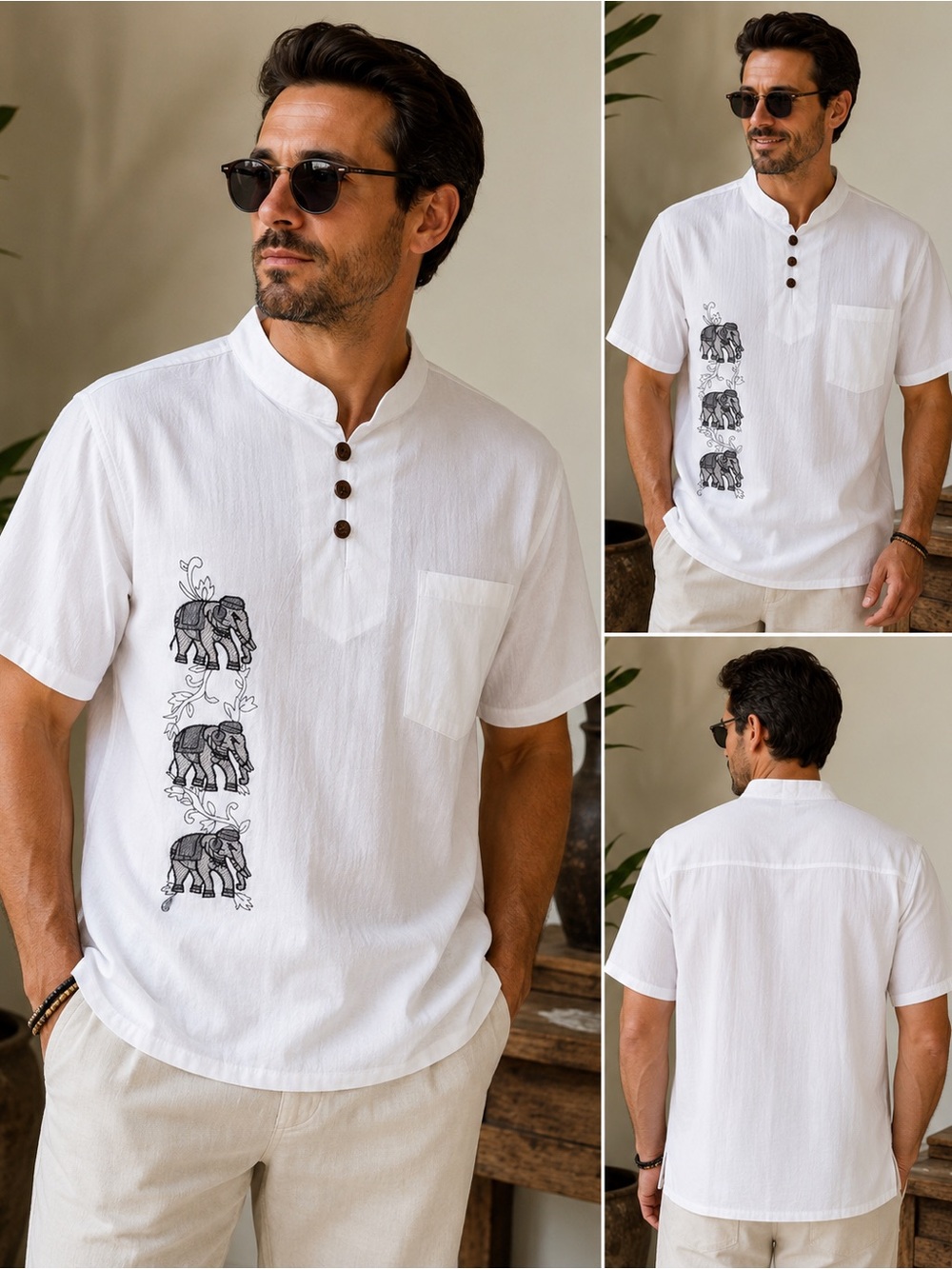 New Thai Cotton Elephant Embroidered Shirt Size L